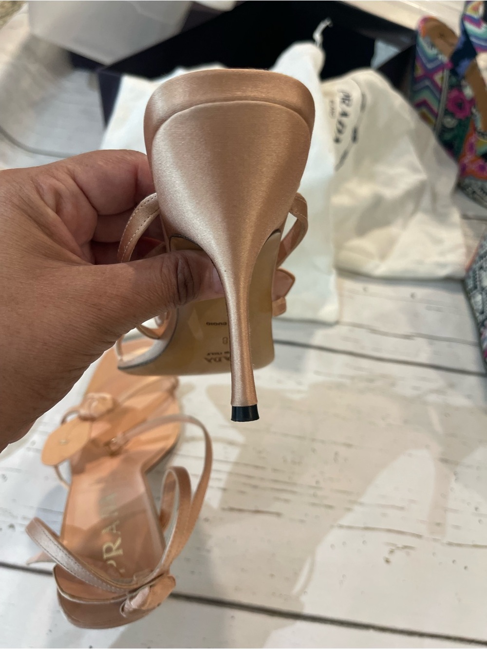 Prada Vintage Satin Floral Strappy Heels Blush Nude Size 38 Made in Italy - Picture 2 of 7